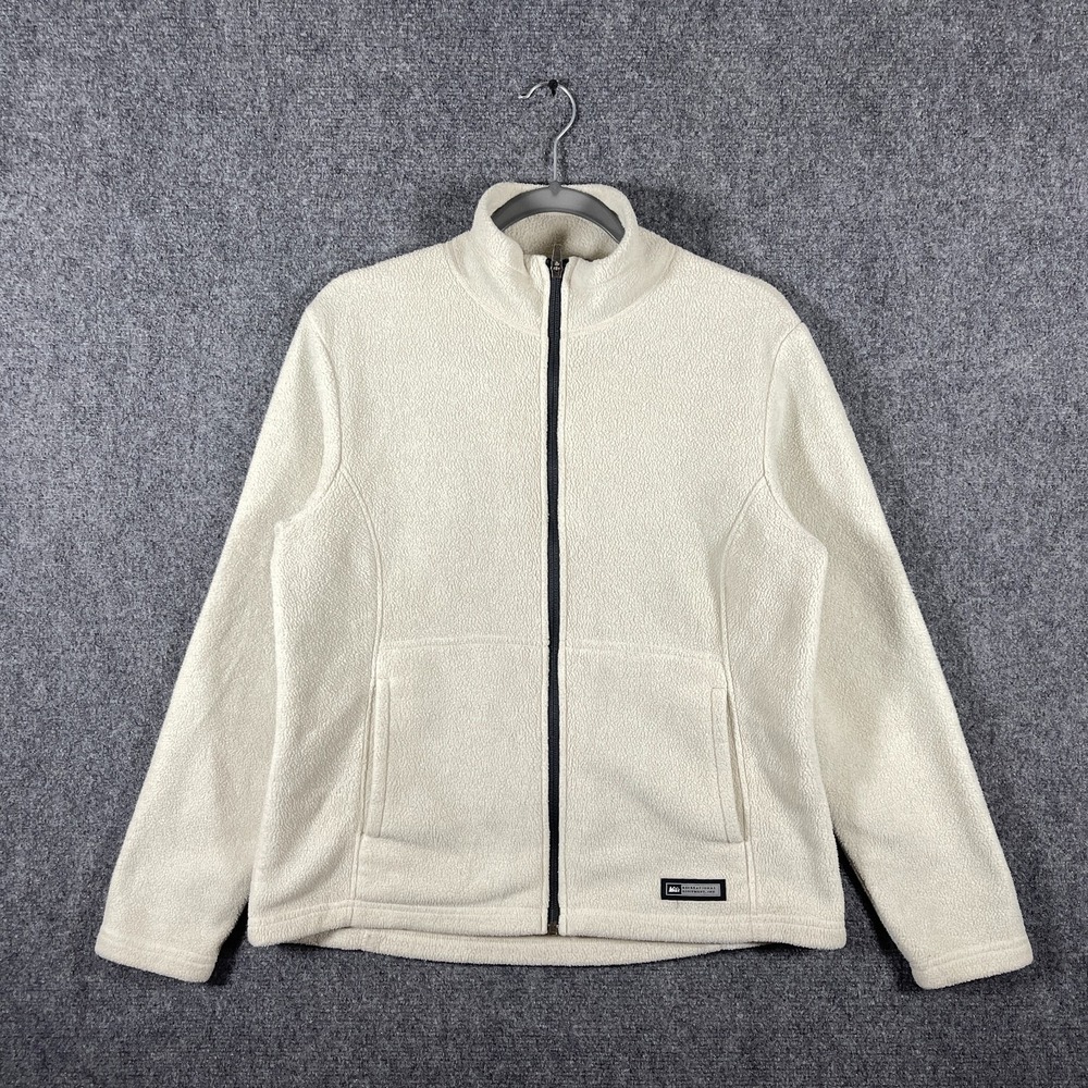 REI Co-Op Fleece Zip Up Navy Trim Jacket Cream Ivory Womens Size Medium #2032
